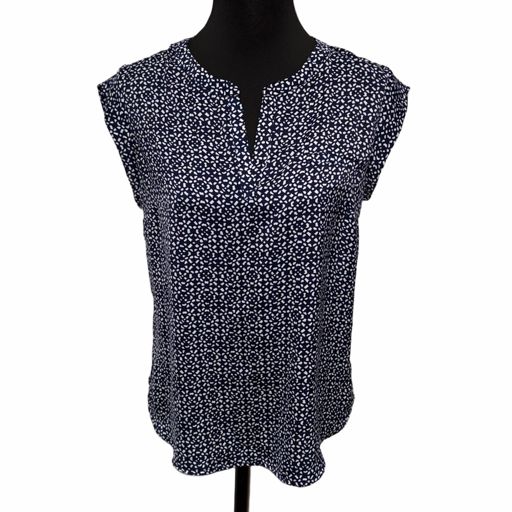 Dalia Collection Small Navy White Abstract Print Split Neck Sleeveless Blouse